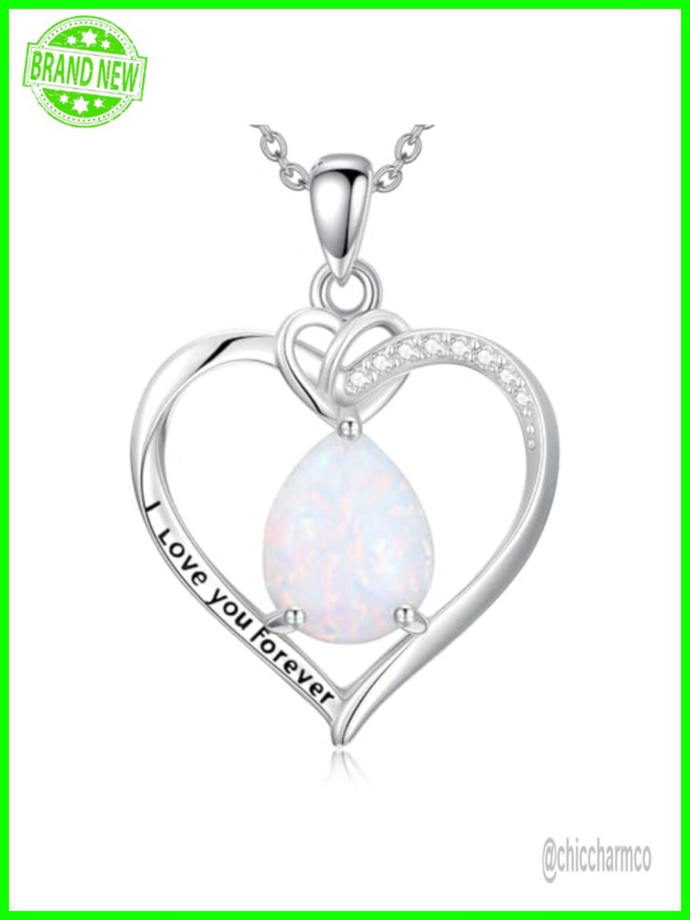 925 Sterling Silver Heart Opal Diamond Necklace October Birthstone Pendant